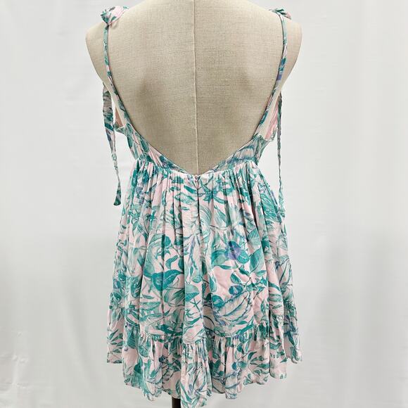 Olivaceous Womens Leaf Print V-Neck Tie Sleeve Pleated Fit & Flare Dress Large - Picture 4 of 10